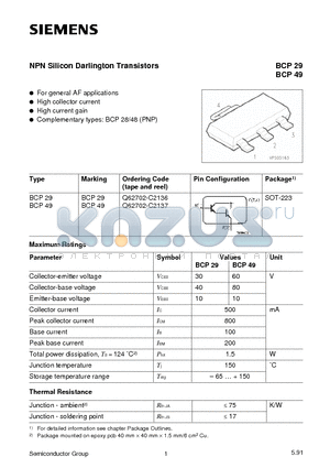 BCP29 datasheet - NPN Silicon Darlington Transistors (For general AF applications High collector current High current gain)