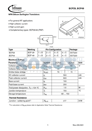 BCP29 datasheet - NPN Silicon Darlington Transistors