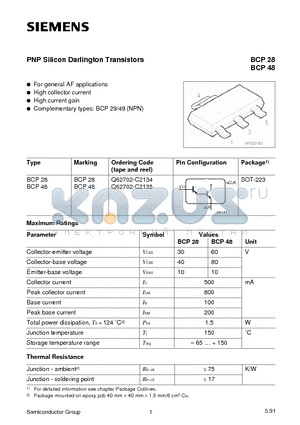 BCP48 datasheet - PNP Silicon Darlington Transistors (For general AF applications High collector current High current gain)