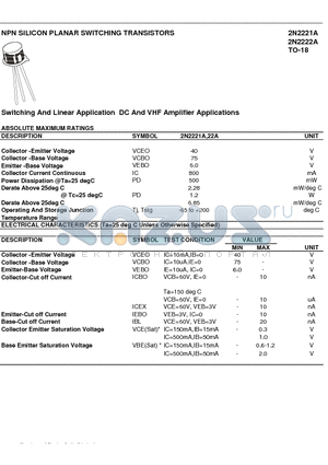 2N2222A datasheet - NPN SILICON PLANAR SWITCHING TRANSISTORS