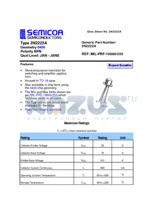 2N2222A datasheet - Type 2N2222A Geometry 0400 Polarity NPN