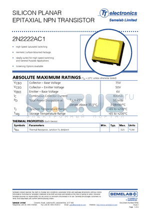 2N2222AC1 datasheet - SILICON PLANAR EPITAXIAL NPN TRANSISTOR