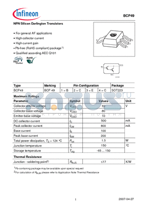 BCP49 datasheet - NPN Silicon Darlington Transistors