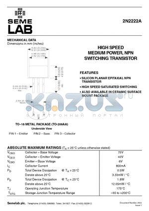 2N2222A datasheet - HIGH SPEED MEDIUM POWER, NPN SWITCHING TRANSISTOR