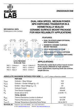 2N2222ADCSM datasheet - DUAL HIGH SPEED, MEDIUM POWER