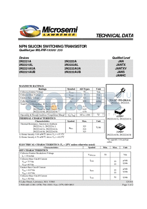 2N2222AL datasheet - NPN SILICON SWITCHING TRANSISTOR