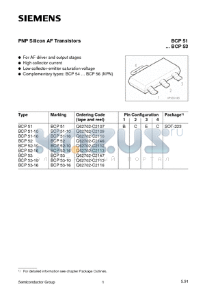 BCP51-BCP53 datasheet - PNP Silicon AF Transistors (For AF driver and output stages High collector current)