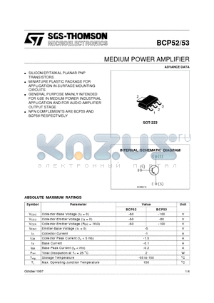 BCP52 datasheet - MEDIUM POWER AMPLIFIER