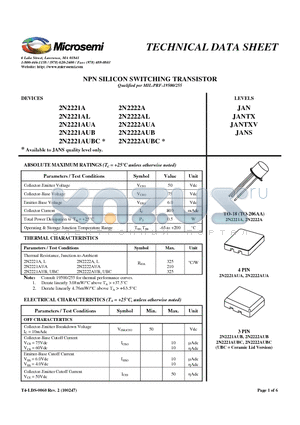 2N2222AUA datasheet - NPN SILICON SWITCHING TRANSISTOR