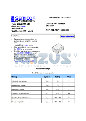 2N2222AUB datasheet - Type 2N2222AUB Geometry 0400 Polarity NPN