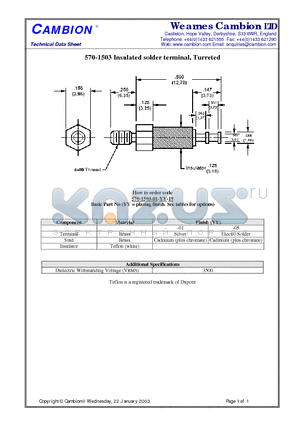 570-1503 datasheet - Insulated solder terminal, Turreted