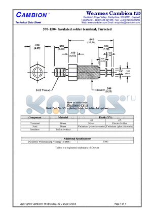 570-1504 datasheet - Insulated solder terminal, Turreted