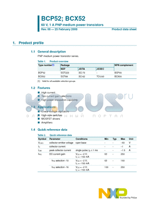 BCP52 datasheet - 60 V, 1 A PNP medium power transistors