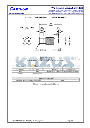 570-1511 datasheet - Insulated solder terminal, Turreted