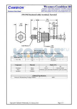 570-1942 datasheet - Insulated solder terminal, Turreted