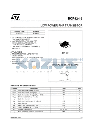 BCP52-16 datasheet - LOW POWER PNP TRANSISTOR