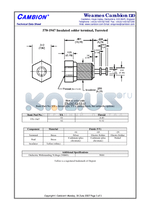 570-1947 datasheet - Insulated solder terminal, Turreted