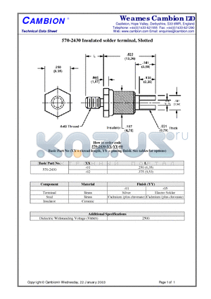 570-2430 datasheet - Insulated solder terminal, Slotted