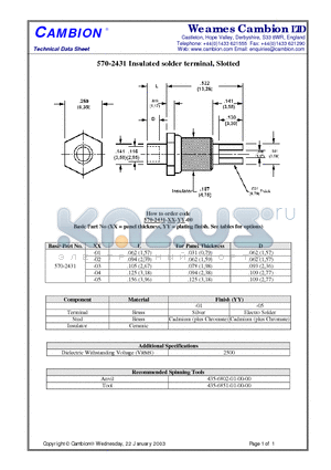 570-2431 datasheet - Insulated solder terminal, Slotted