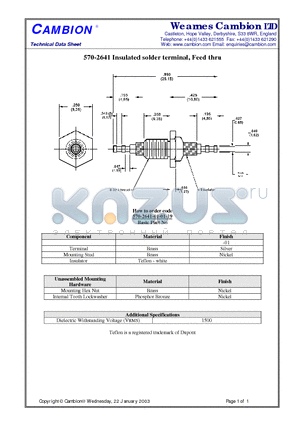 570-2641 datasheet - Insulated solder terminal, Feed thru