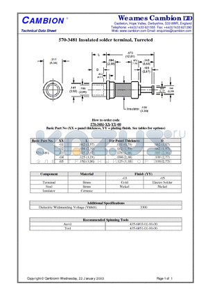 570-3481 datasheet - Insulated solder terminal, Turreted