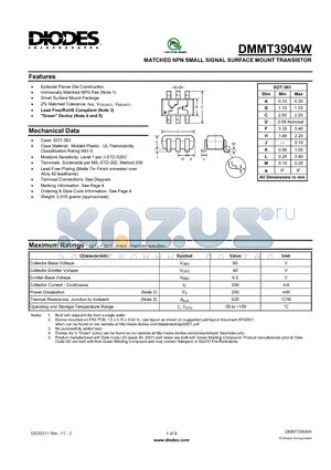 DMMT3904W_2 datasheet - MATCHED NPN SMALL SIGNAL SURFACE MOUNT TRANSISTOR