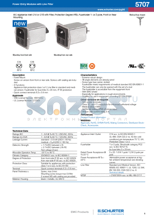 5707 datasheet - IEC Appliance Inlet C14 or C18 with Filter, Protection Degree IP65, Fuseholder 1- or 2-pole, Front or Rear Mounting