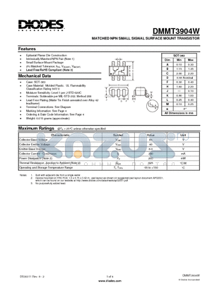 DMMT3904W-7-F datasheet - MATCHED NPN SMALL SIGNAL SURFACE MOUNT TRANSISTOR