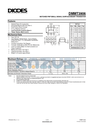 DMMT3906 datasheet - MATCHED PNP SMALL SIGNAL SURFACE MOUNT TRANSISTOR