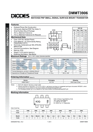 DMMT3906-7 datasheet - MATCHED PNP SMALL SIGNAL SURFACE MOUNT TRANSISTOR