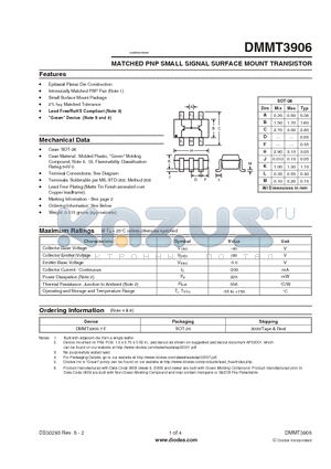 DMMT3906-7-F datasheet - MATCHED PNP SMALL SIGNAL SURFACE MOUNT TRANSISTOR