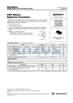 BCP53T1 datasheet - MEDIUM POWER PNP SILICON HIGH CURRENT TRANSISTOR SURFACE MOUNT