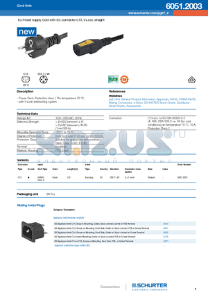 5707 datasheet - EU Power Supply Cord with IEC Connector C13, V-Lock, straight