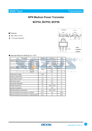 BCP54 datasheet - NPN Medium Power Transistor