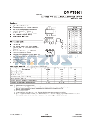 DMMT5401 datasheet - MATCHED PNP SMALL SIGNAL SURFACE MOUNT TRANSISTOR