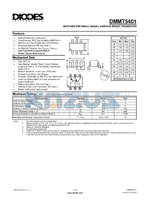 DMMT5401 datasheet - MATCHED PNP SMALL SIGNAL SURFACE MOUNT TRANSISTOR