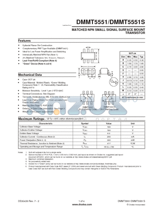 DMMT5551 datasheet - MATCHED NPN SMALL SIGNAL SURFACE MOUNT TRANSISTOR