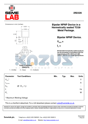2N2326 datasheet - Bipolar NPNP Device in a Hermetically sealed TO39