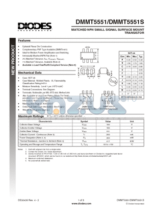 DMMT5551S-7 datasheet - MATCHED NPN SMALL SIGNAL SURFACE MOUNT TRANSISTOR