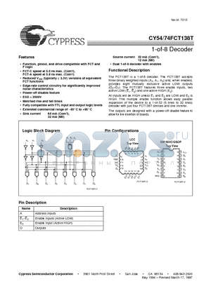 CY54FCT138CTLMB datasheet - 1-of-8 Decoder