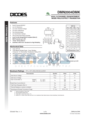 DMN2004DMK datasheet - DUAL N-CHANNEL ENHANCEMENT MODE FIELD EFFECT TRANSISTOR