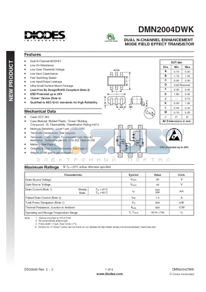 DMN2004DWK datasheet - DUAL N-CHANNEL ENHANCEMENT MODE FIELD EFFECT TRANSISTOR