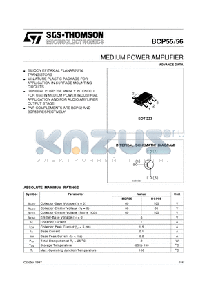 BCP56 datasheet - MEDIUM POWER AMPLIFIER