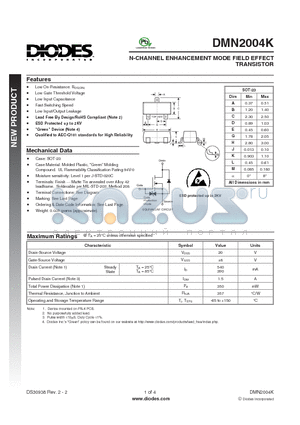 DMN2004K datasheet - N-CHANNEL ENHANCEMENT MODE FIELD EFFECT TRANSISTOR