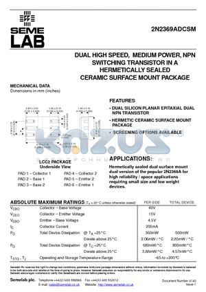 2N2369ADCSM datasheet - DUAL HIGH SPEED, MEDIUM POWER, NPN SWITCHING TRANSISTOR IN A HERMETICALLY SEALED CERAMIC SURFACE MOUNT PACKAGE