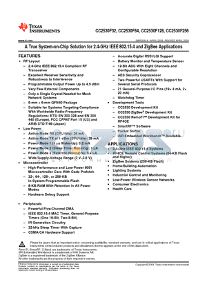 CC2530F256RHAT datasheet - A True System-on-Chip Solution for 2.4-GHz IEEE 802.15.4 and ZigBee Applications