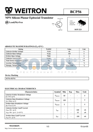 BCP56 datasheet - NPN Silicon Planar Epitaxial Transistor