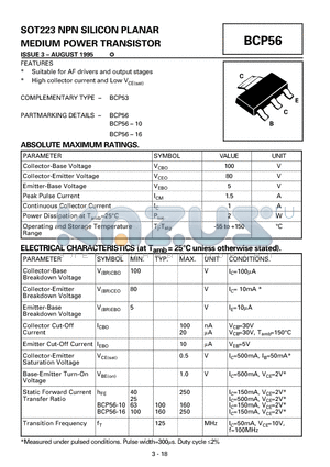 BCP56-10 datasheet - NPN SILICON PLANAR MEDIUM POWER TRANSISTOR