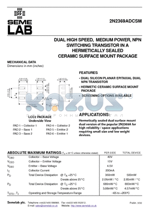 2N2369ADCSM datasheet - DUAL HIGH SPEED, MEDIUM POWER, NPN SWITCHING TRANSISTOR IN A HERMETICALLY SEALED CERAMIC SURFACE MOUNT PACKAGE