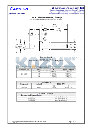 120-1014 datasheet - Solder terminal, Pin type